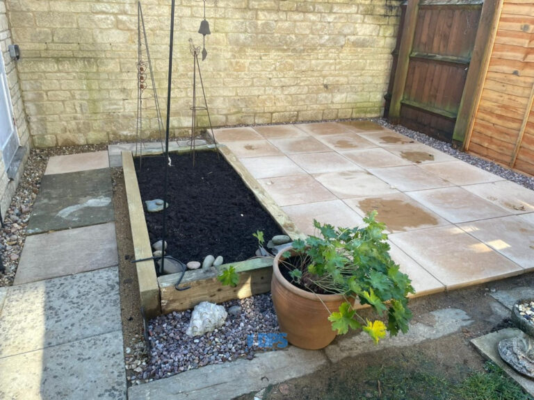 Patio with Concrete Riven Slabs and Vegetable Patch in Carterton ...