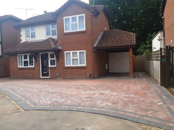 Newly laid driveway with block paving Bisley